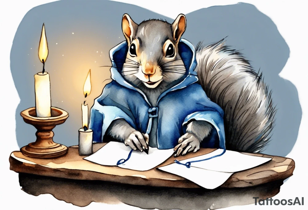 an elderly grey squirrel dressed in a grey and blue cloak writing a letter by candlelight tattoo idea
