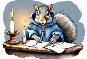an elderly grey squirrel dressed in a grey and blue cloak writing a letter by candlelight tattoo idea