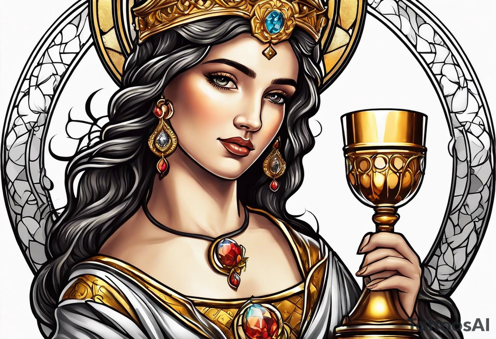 woman saint holding chalice surrounded by golden halo portrait tattoo idea