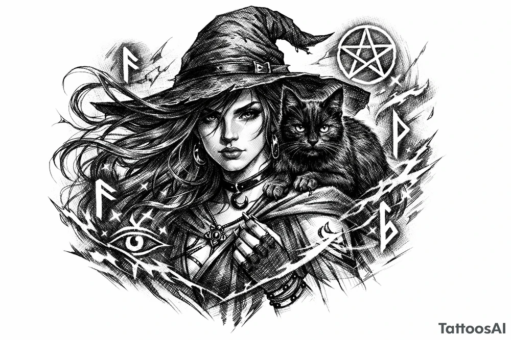 Young witch with flowing hair, a black cat perched on her shoulder, surrounded by glowing magical runes. tattoo idea