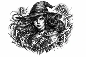 Young witch with flowing hair, a black cat perched on her shoulder, surrounded by glowing magical runes. tattoo idea