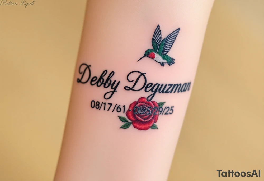Tattoo of the exact name Debby Deguzman in chunky curly cursive with the exact dates of 08/17/61-05/29/25 surrounded by 1 hummingbird and 1 rose tattoo idea
