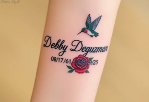 Tattoo of the exact name Debby Deguzman in chunky curly cursive with the exact dates of 08/17/61-05/29/25 surrounded by 1 hummingbird and 1 rose tattoo idea