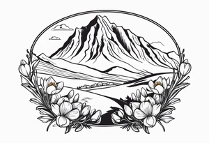 composition with mountain (Gran Sasso) with Crocus flowers, and an explorer trekking. Do not enter rivers and trees. Do it in color. The design style must be that of Old School Traditional Tattoo. tattoo idea