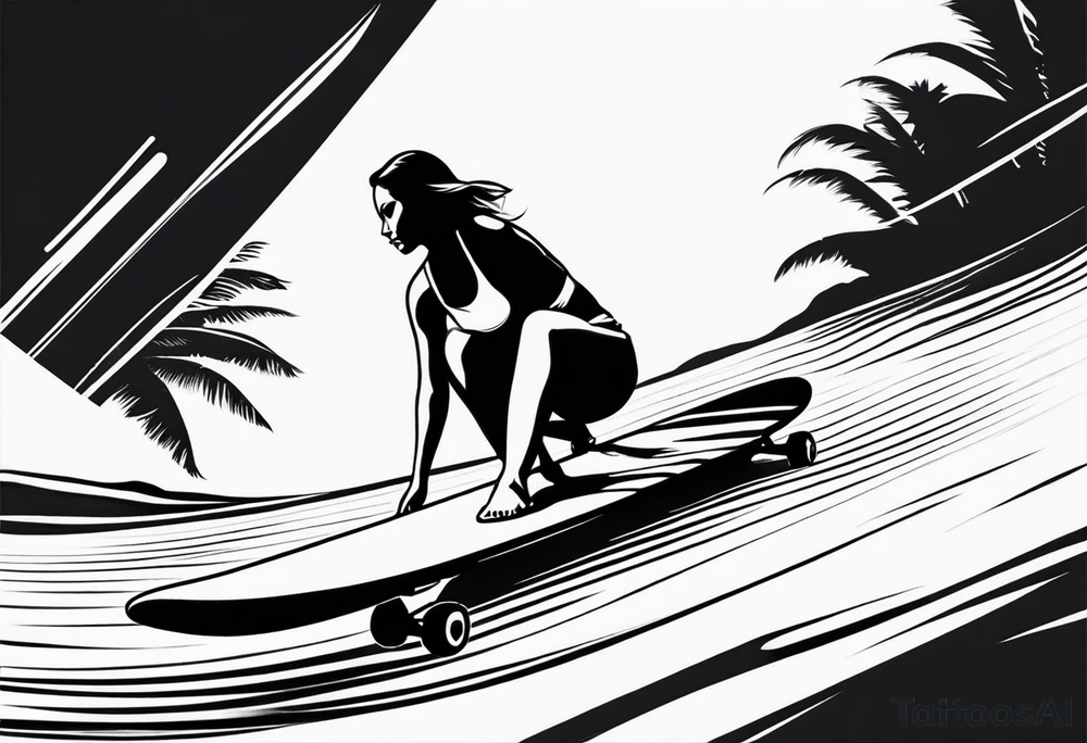 A girl that surfs on a longboard in a very elegant style and it should be very minimalistic and fineline tattoo idea