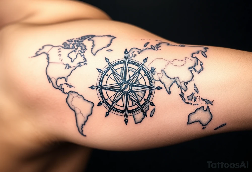 antique compass rose overlaid on weathered world map with sailing ships tattoo idea