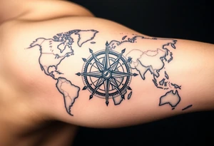 antique compass rose overlaid on weathered world map with sailing ships tattoo idea