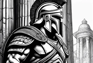 Close up of spartan solider looking left at far away Ancient pillars tattoo idea