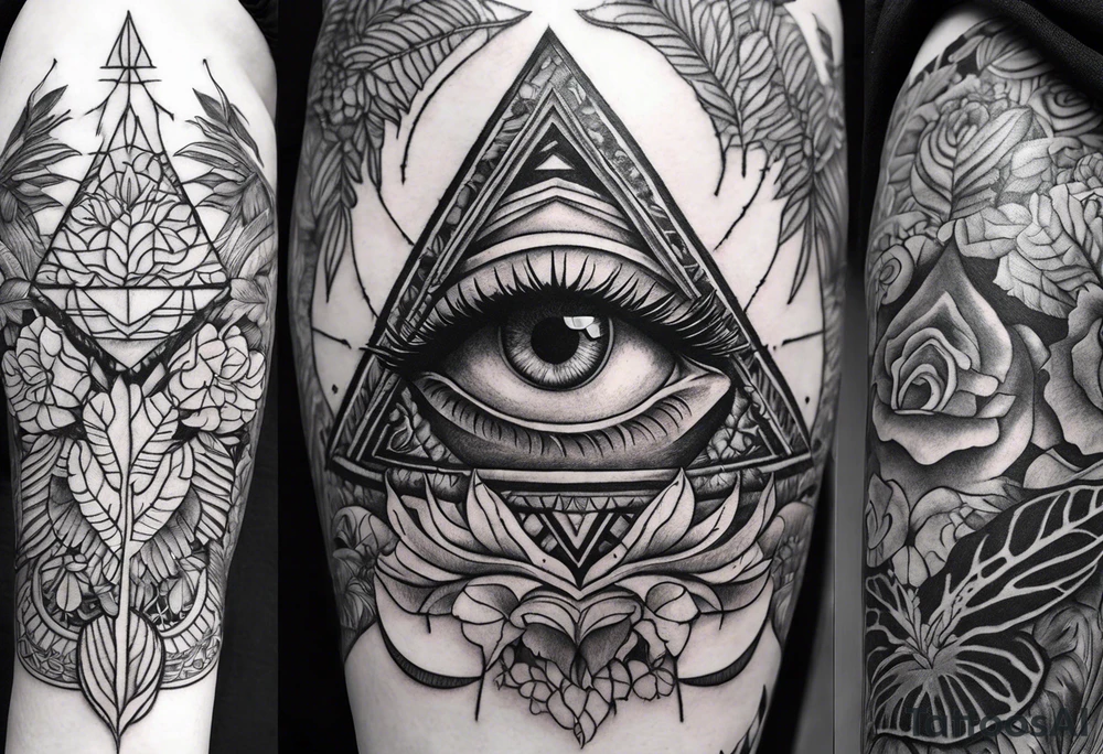 full arm sleeve, jungle plants, all-seeing eye tattoo idea