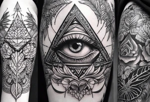 full arm sleeve, jungle plants, all-seeing eye tattoo idea
