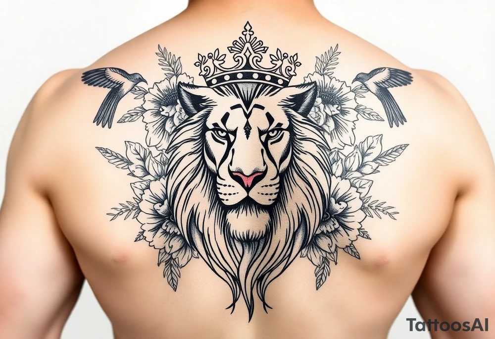 powerful majestic lion with a crown, surrounded by floral ornaments and birds tattoo idea