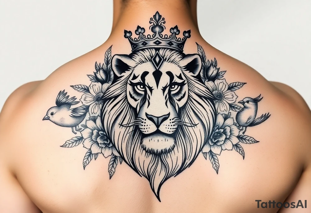 powerful majestic lion with a crown, surrounded by floral ornaments and birds tattoo idea
