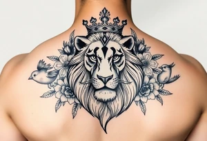 powerful majestic lion with a crown, surrounded by floral ornaments and birds tattoo idea