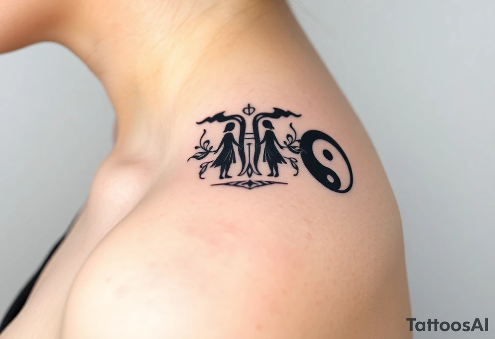 Magestic symbol of parents with 3 kids surrounded by geometric patterns, Gemini sign, and ying yang tattoo idea