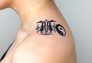 Magestic symbol of parents with 3 kids surrounded by geometric patterns, Gemini sign, and ying yang tattoo idea