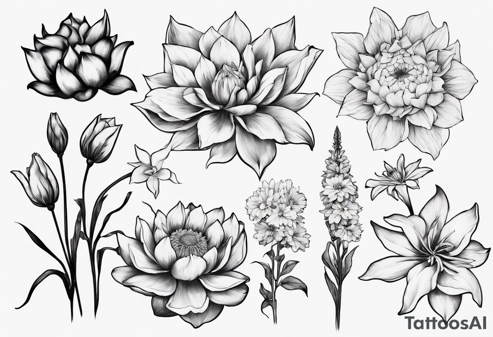 cluster of flowers that include lotus, sunflower, chrysanthemum, jasmine (or flower that symbolises luck), gardenia, mullein and gladiolus tattoo idea