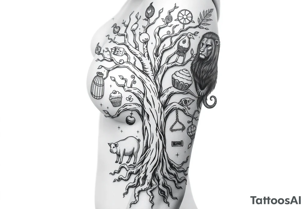 mystical tree of life with cosmic roots and celestial branches fat naked sexy woman , peacock , pig , cupcakes, liquor, cigerette, Storm clouds, pig, peacock , fat sexy naked fat woman, cupcakes, noose , money, goat lion, couple having sex, cigerette storm lightening, killing, darkness death, violent majestic creatures tattoo idea