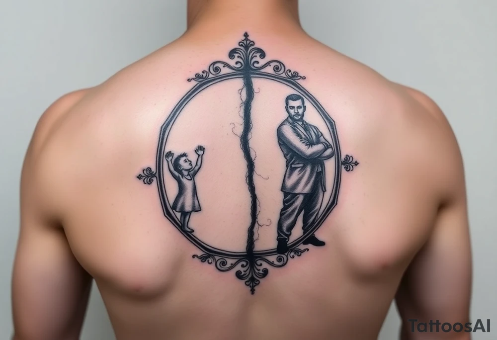 Ornate mirror tattoo with visible crack down the middle, left side reflects small child reaching upward with hopeful gesture, right side reflects strong stoic adult figure, both are silhouettes or semi-abstract figures, geometric frame design, black and grey tattoo, shading shows the transformation between the two selves, upper arm placement, symbolic transformation piece tattoo idea