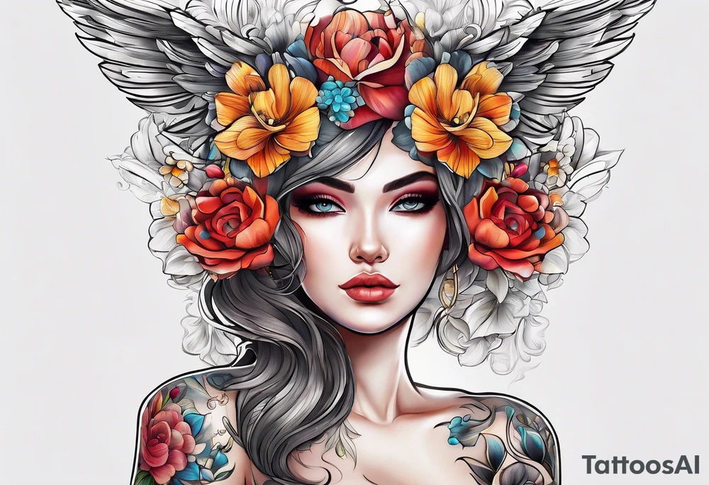 444 with letter F behind it and flowers tattoo idea