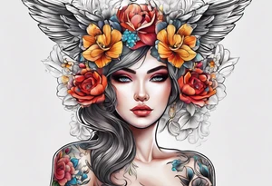 444 with letter F behind it and flowers tattoo idea