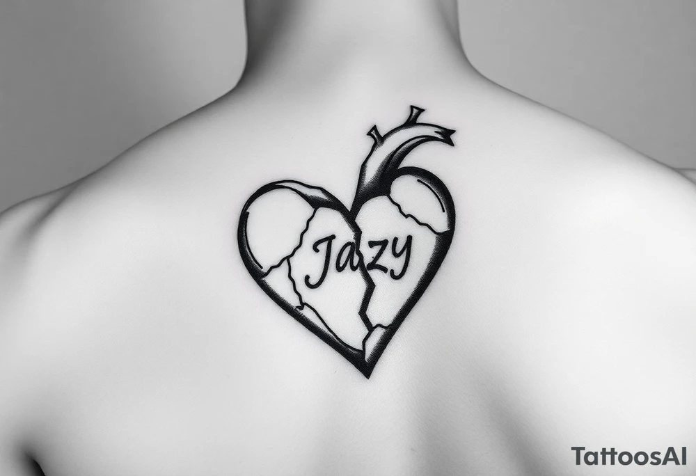 upper arm tattoo -broken heart of a deceased best friend with the name Jazy incorporated tattoo idea