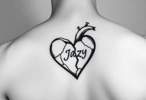 upper arm tattoo -broken heart of a deceased best friend with the name Jazy incorporated tattoo idea