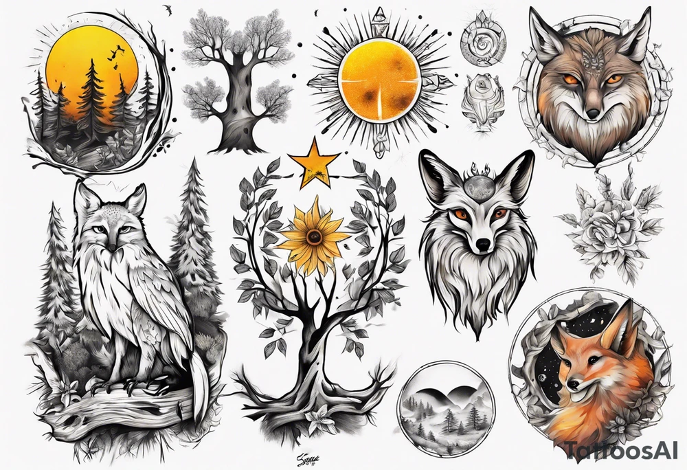 sonne, eule  wald, fuchs 
baum, sapere aude tattoo idea