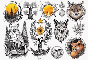 sonne, eule  wald, fuchs 
baum, sapere aude tattoo idea