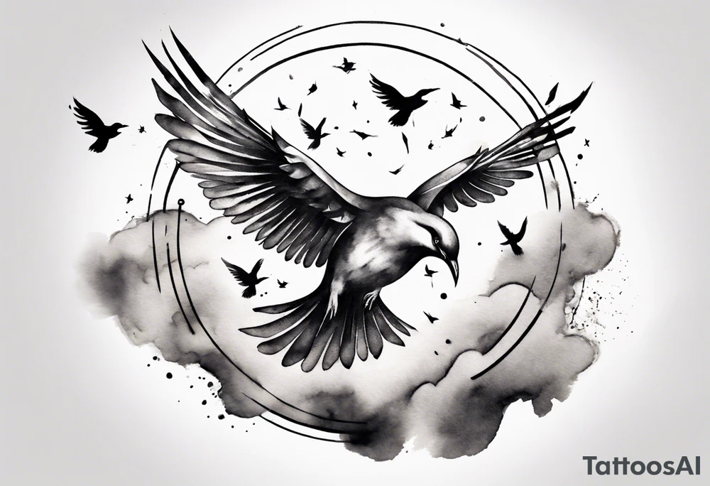 shoulder tattoo with light rays with birds flying free among the clouds, round shape, 3d effect tattoo idea shoulder tattoo with light rays with birds flying free among the clouds, round shape, 3d effect tattoo idea