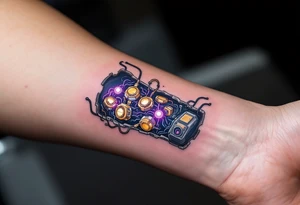 A tattoo of a partially opened human forearm revealing glowing golden servos and deep purple wiring inside. tattoo idea