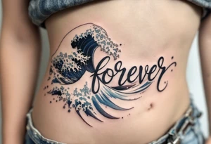 A wave crashing through the word "forever", done in deep ocean blues and seafoam white. tattoo idea