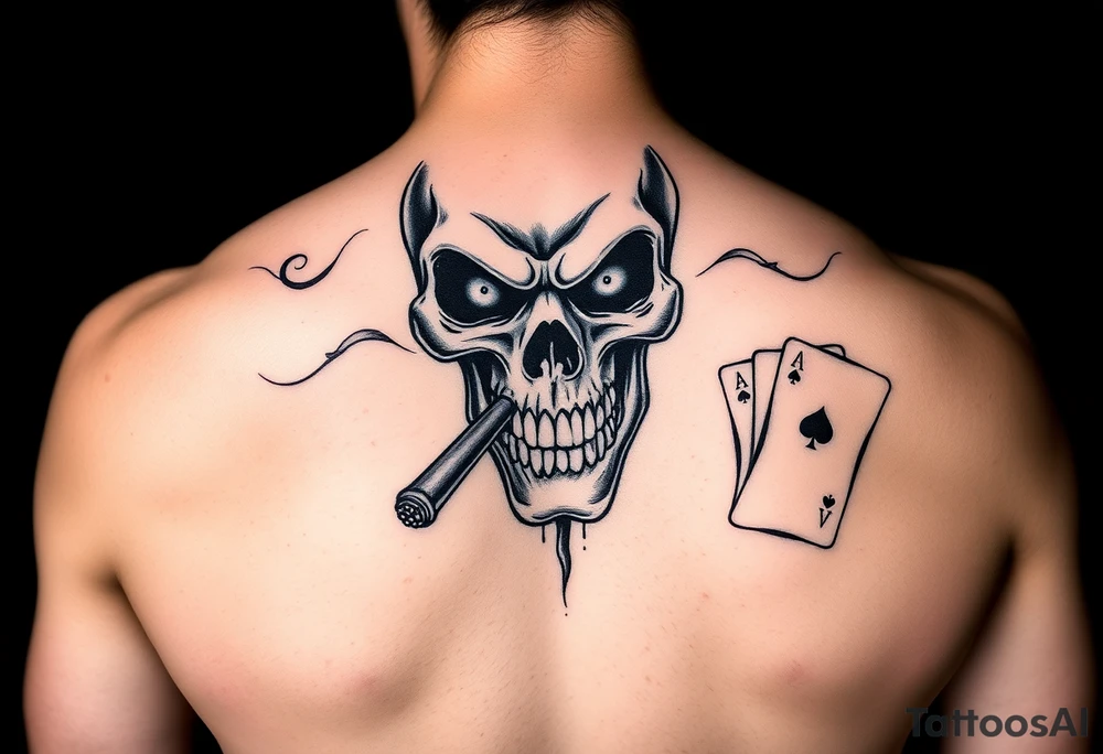 Gangster scene clown skull mid evil smoking cigar playing cards tattoo idea