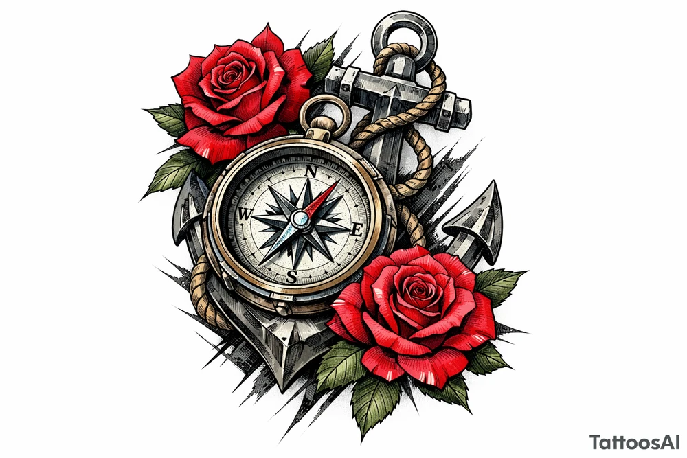 a compass,anchor,roses. tattoo idea