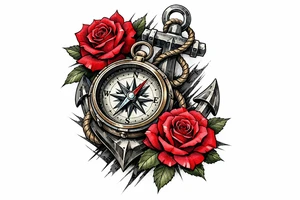 a compass,anchor,roses. tattoo idea