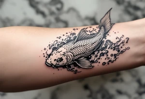 traditional koi fish swimming upstream through turbulent waves tattoo idea