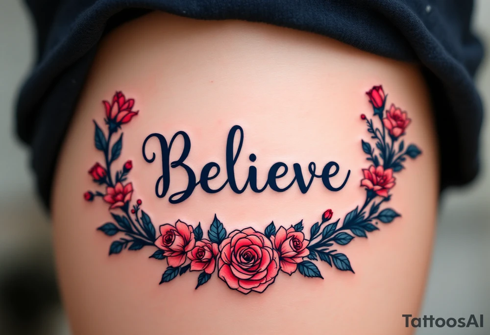 "Believe" in dark blue, surrounded by a floral wreath of roses in red and pink, symbolizing the beauty and power of persistence. tattoo idea