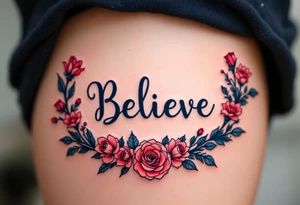 "Believe" in dark blue, surrounded by a floral wreath of roses in red and pink, symbolizing the beauty and power of persistence. tattoo idea