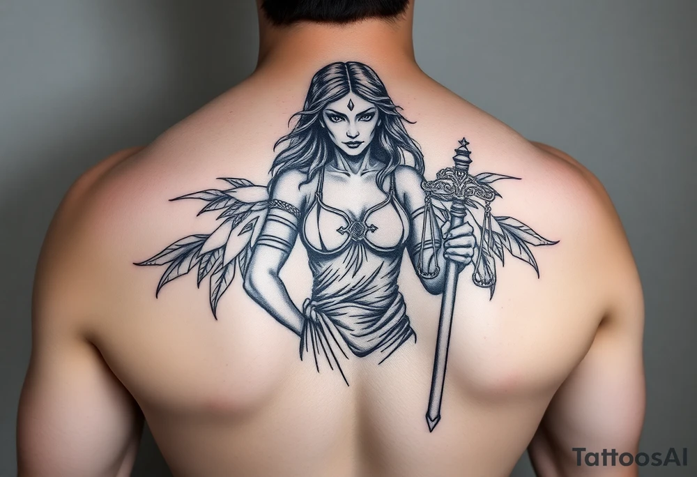 la figura de la dama de la justicia le suben por su cuerpo dos escorpiones tattoo idea
