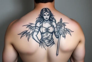 la figura de la dama de la justicia le suben por su cuerpo dos escorpiones tattoo idea