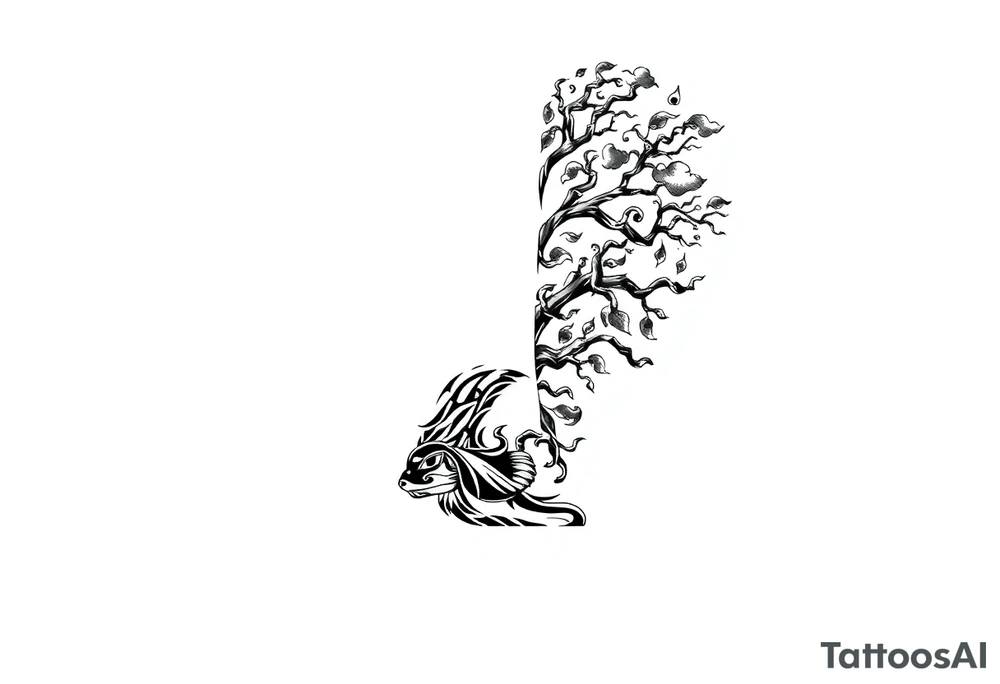 right arm sleeve, tree branch made of stone, clouds and lightning mixed throughout, tattoo idea