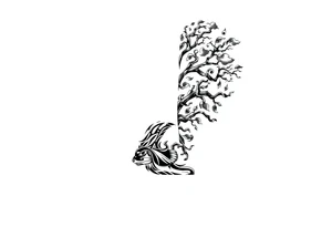 right arm sleeve, tree branch made of stone, clouds and lightning mixed throughout, tattoo idea