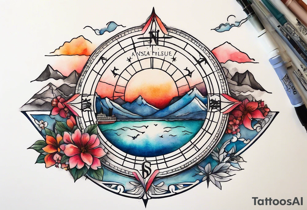 compass rose with half moon bay, mountains, Kansas city skyline and 
Arc de Triomphe, spilled watercolor and tiny jet plane silhouette and a tiny ski boat in the water tattoo idea