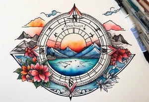 compass rose with half moon bay, mountains, Kansas city skyline and 
Arc de Triomphe, spilled watercolor and tiny jet plane silhouette and a tiny ski boat in the water tattoo idea