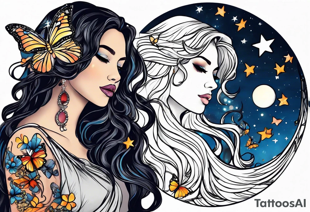 Beautiful woman with butterflies in her long wavy hair sitting on a half moon, with a moon and star background tattoo idea