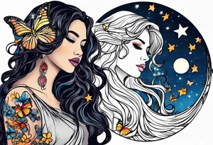 Beautiful woman with butterflies in her long wavy hair sitting on a half moon, with a moon and star background tattoo idea