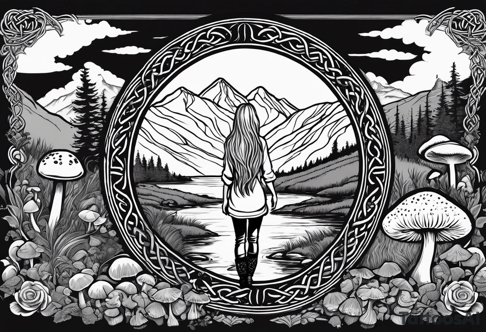 Whole picture encircled fully

Straight long blonde hair hippie girl in distance holding mushrooms in hand facing away toward mountains and creek surrounded by mushrooms long sleeve shirt and hiking pants; whole rendering within a full celtic circle border, no cut off circle tattoo idea