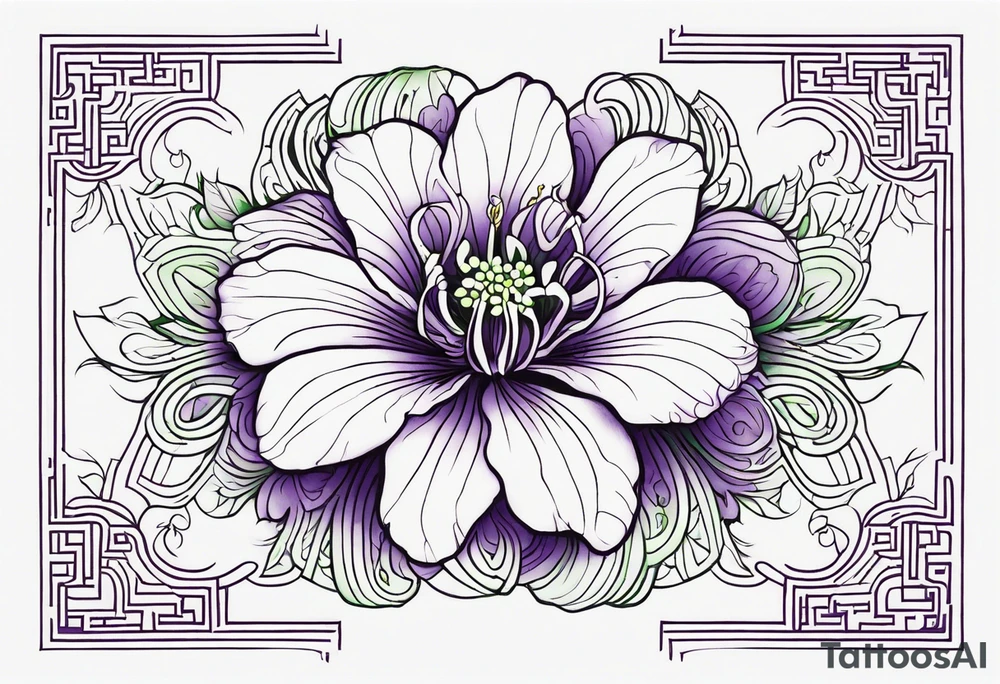 An outline of a rio dipladenia flower with a green and purple background tattoo idea