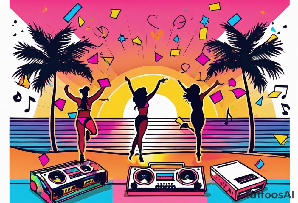 1980's miami vice style beach dance 
party, include confetti, music notes, boom box, bikinis sunset in the center tattoo idea