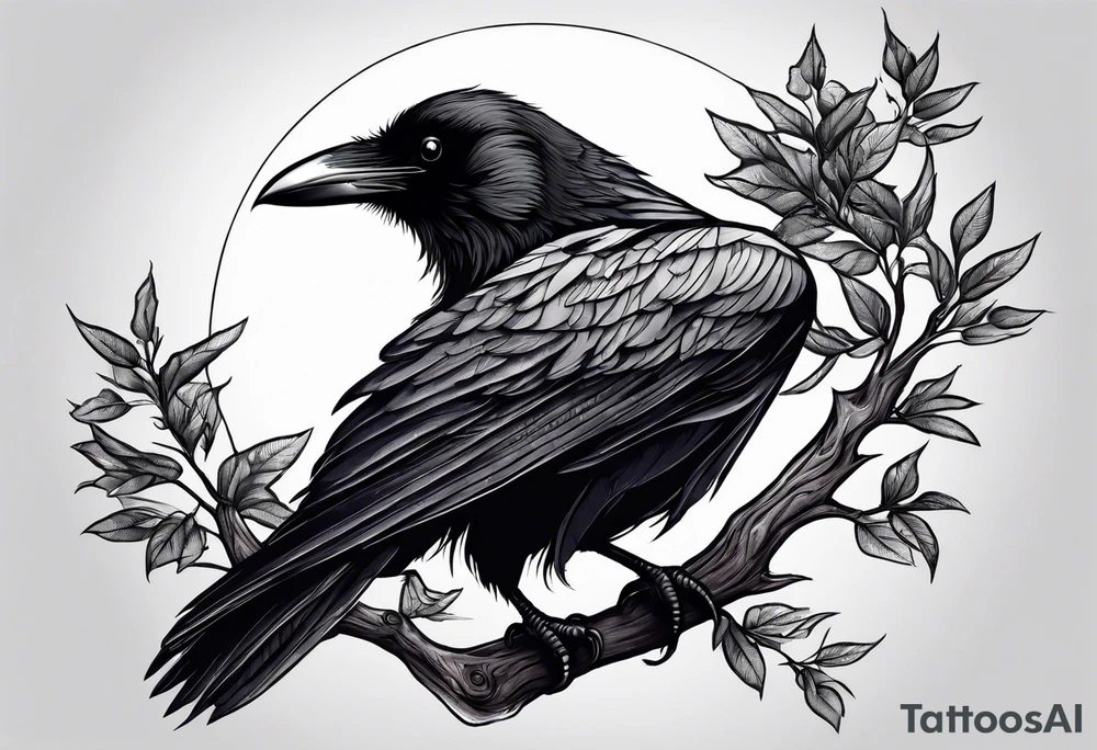 raven perched on branch tattoo idea