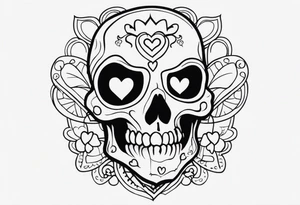 One skeleton with eyes in the shape of hearts, one skeleton sitting tattoo idea